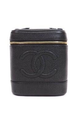 Chanel Vanity Bag Black Gold Caviar Leather CC Logo Handbag